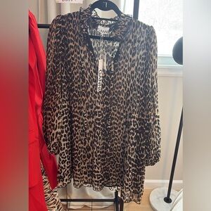 Ganni pleated georgette mini dress leopard print- size Eur 40 (US 8/10) - NWT